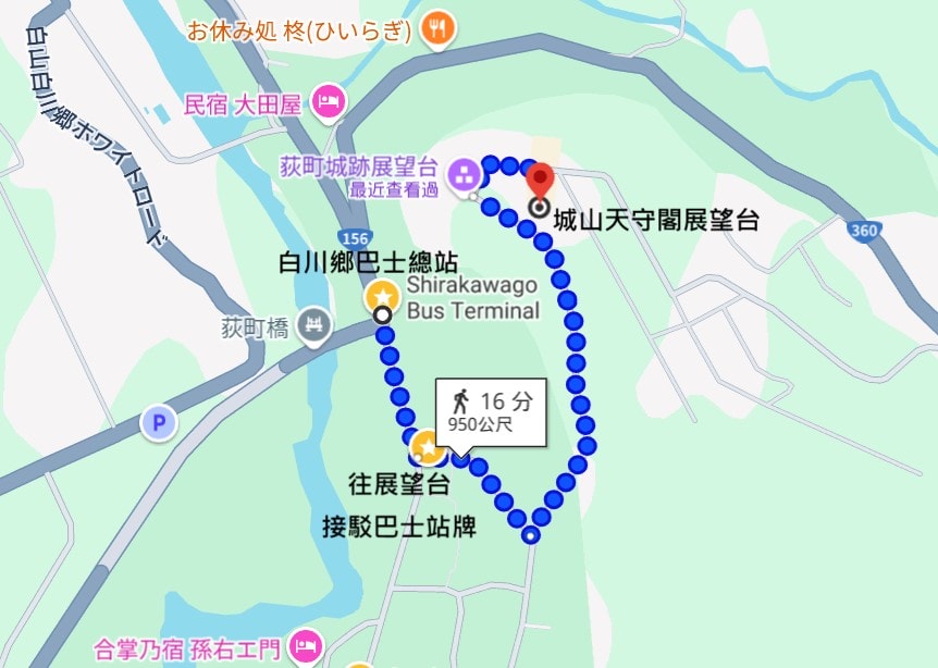 合掌村景點、交通、點燈時間總整理 - 第15張圖 巴士站往城山天守展望台地圖