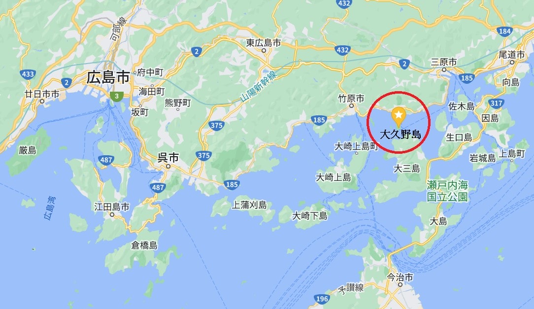 【廣島景點】超療癒日本兔子島大久野島-曾經消失在地圖上的毒氣島 - 第2張圖 日本兔子島大久野島位置