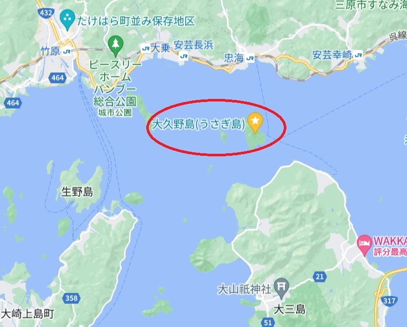 【廣島景點】超療癒日本兔子島大久野島-曾經消失在地圖上的毒氣島 - 第3張圖 日本兔子島大久野島位置