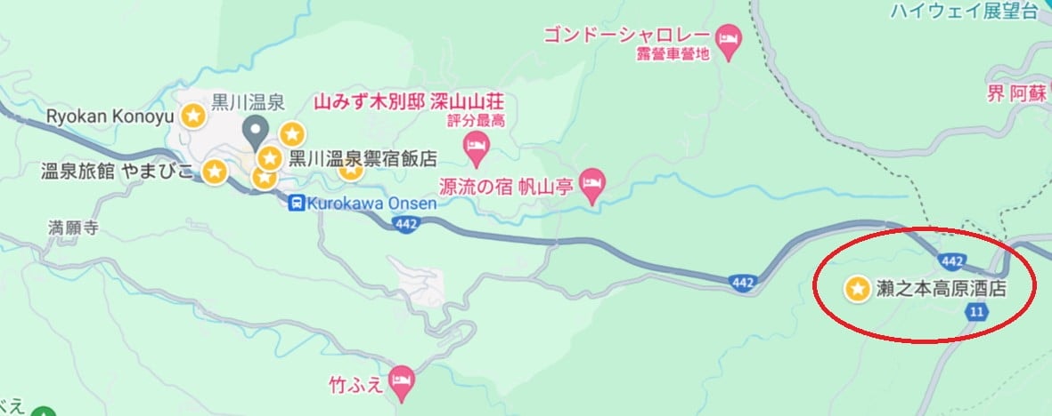 離溫泉街距離較遠的瀨之本高原飯店位置