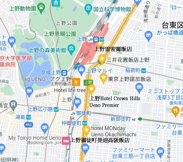 Top21東京飯店-上野、淺草、新宿、東京車站通通有 - 第1張圖 東京住宿推薦-上野5間飯店地圖
