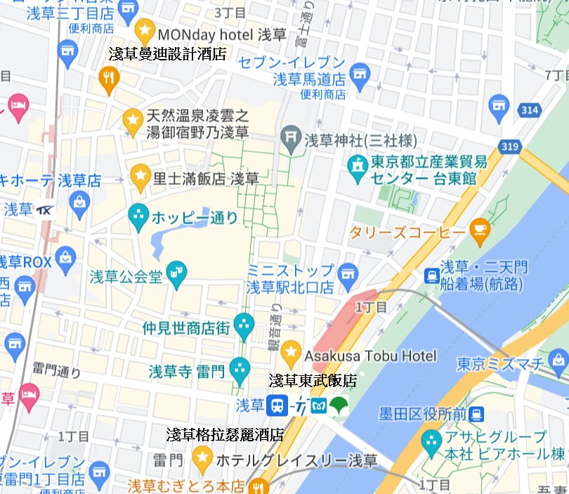 東京住宿推薦-淺草5間飯店地圖