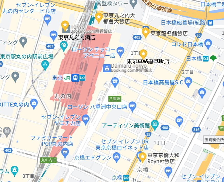 東京住宿推薦-東京車站5間飯店地圖