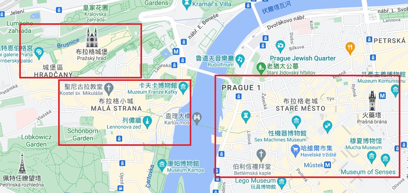 Top19浪漫布拉格景點-舊城區、城堡與小城區 - 第5張圖 布拉格景點分區地圖
