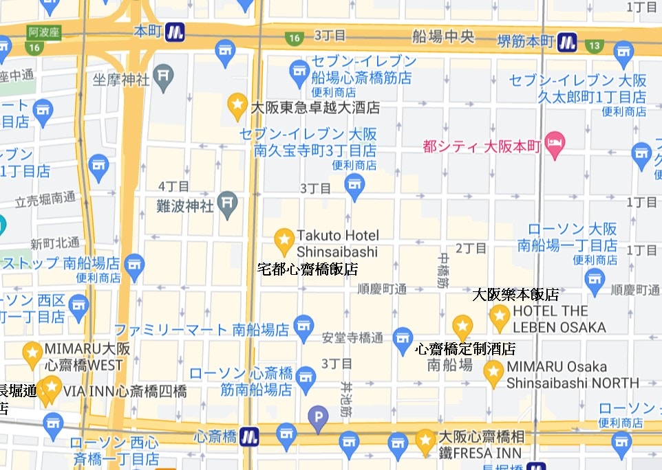 心齋橋住宿推薦地圖-本町站到心齋橋站間