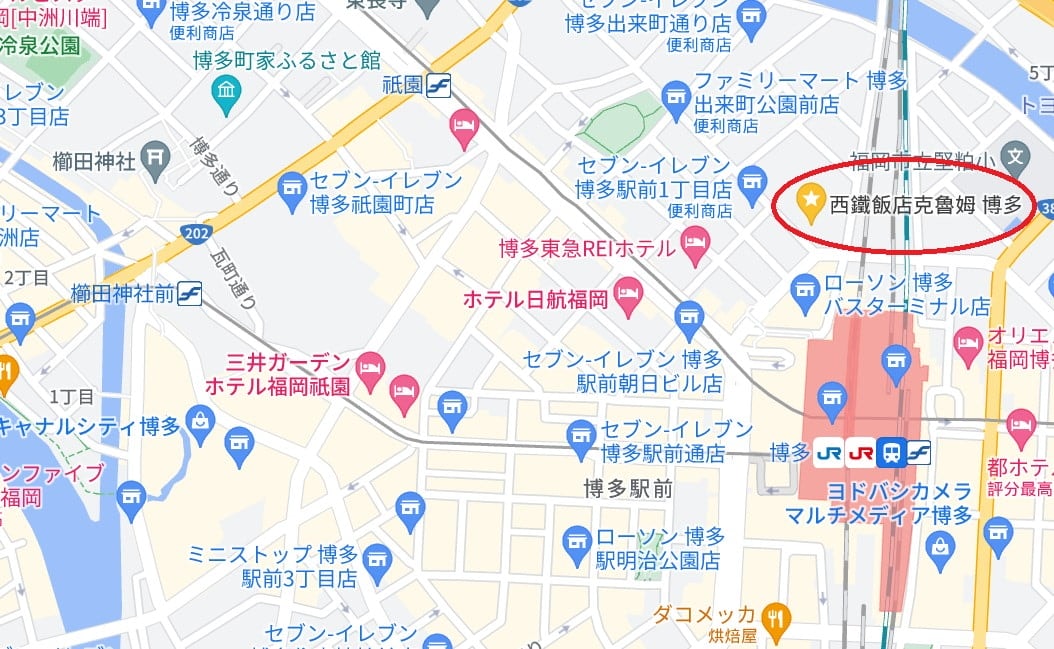 【博多CROOM西鐵飯店】車站走路4分鐘!天然溫泉大浴場超療癒! - 第1張圖 博多CROOM西鐵飯店位置