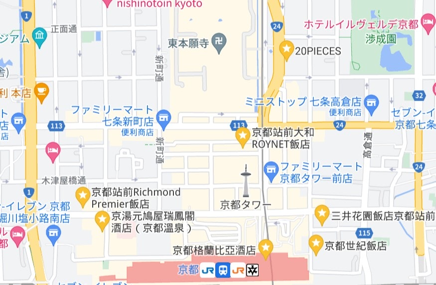 京都車站住宿地圖-北側中央口方向