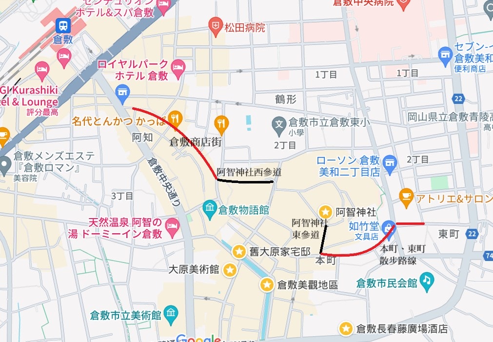【岡山】倉敷美觀地區半日遊-楊柳、白壁藏與倉敷川遊船 - 第2張圖 倉敷美觀半日遊行程地圖