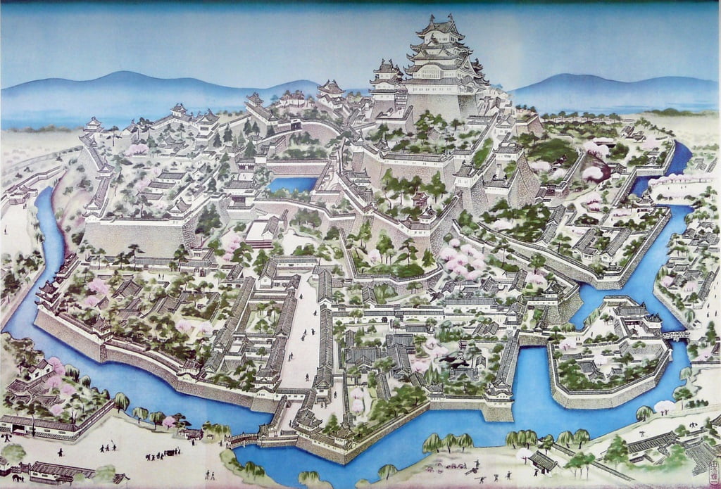 【姬路城一日遊】穿越400年的日本第一名城-遊覽古城結構大寶庫 - 第9張圖 姫路城鳥瞰圖(明治初期)