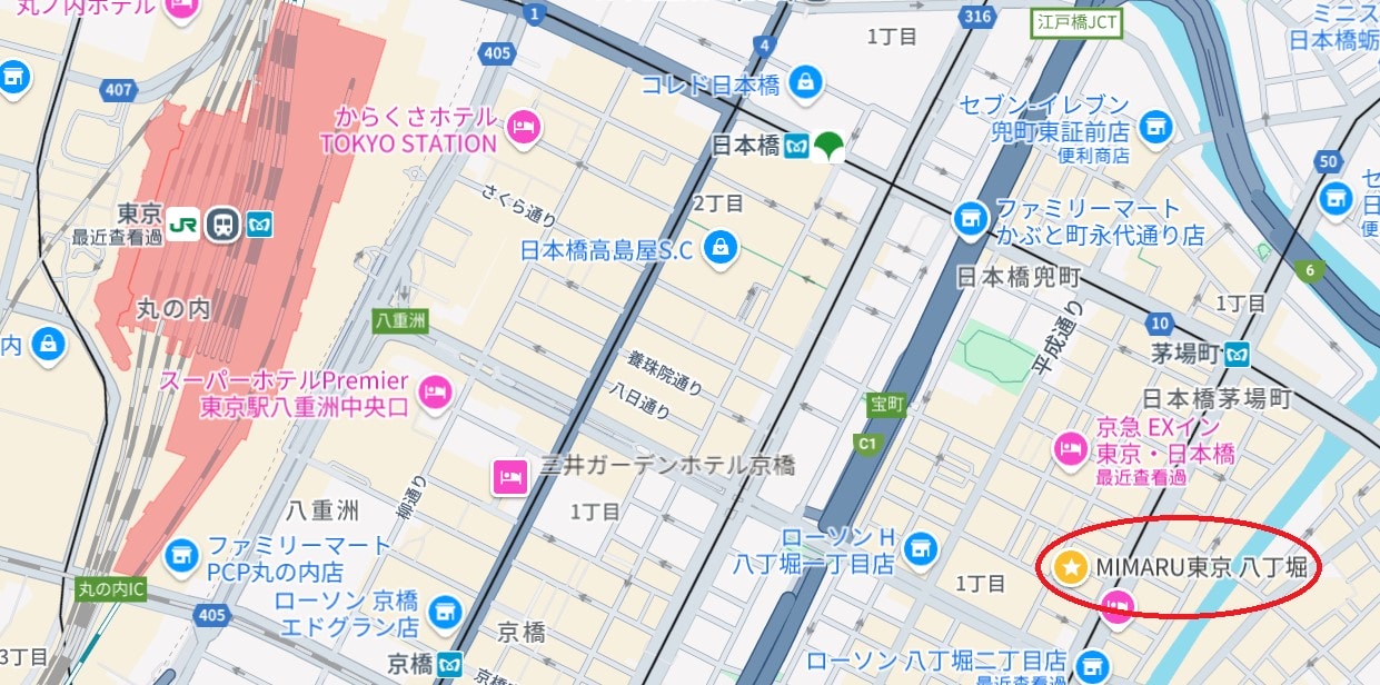 【MIMARU美滿如家東京八丁堀】有廚房、空間大,神奇寶貝房超吸睛! - 第1張圖 MIMARU美滿如家東京八丁堀位置