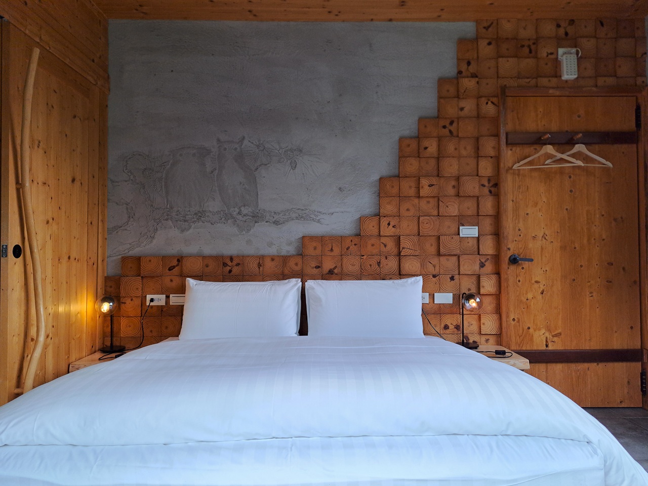 【八番私人住宅】隱身山林的日月潭民宿!清水模×木質調,享受靜謐慢活! - 第18張圖 貓頭鷹主題壁畫